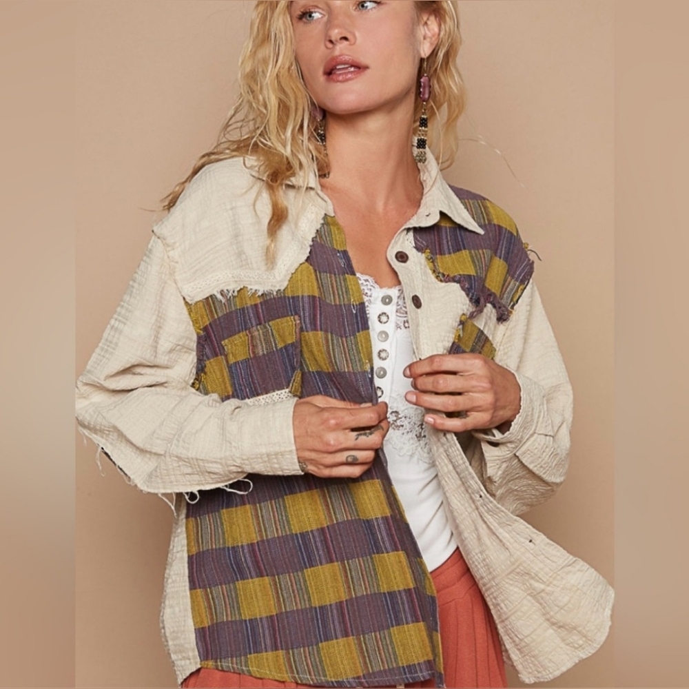POL NWOT Womens Patchwork Button Down Boho Beige! Boutique designer Med